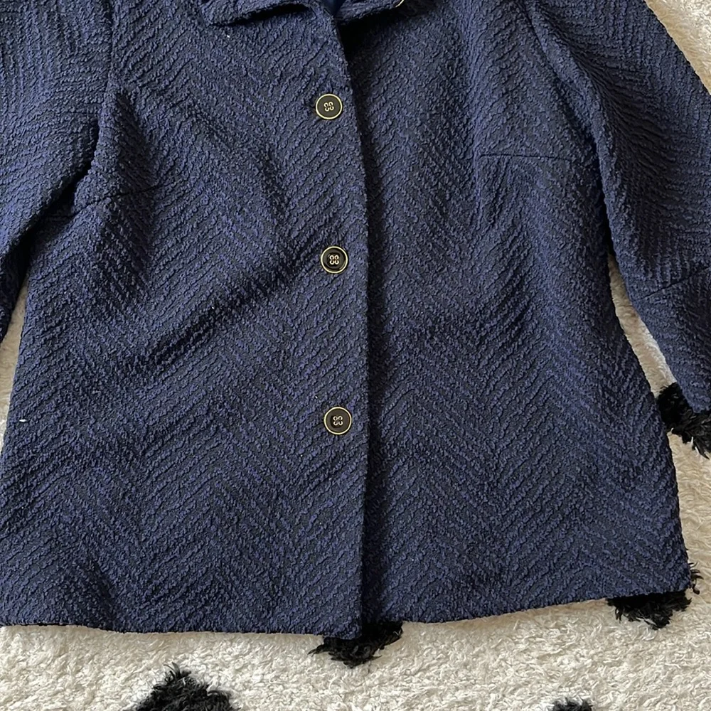 J.McLaughlin size xs blue and black button up jacket with 3/4 wide sleeve